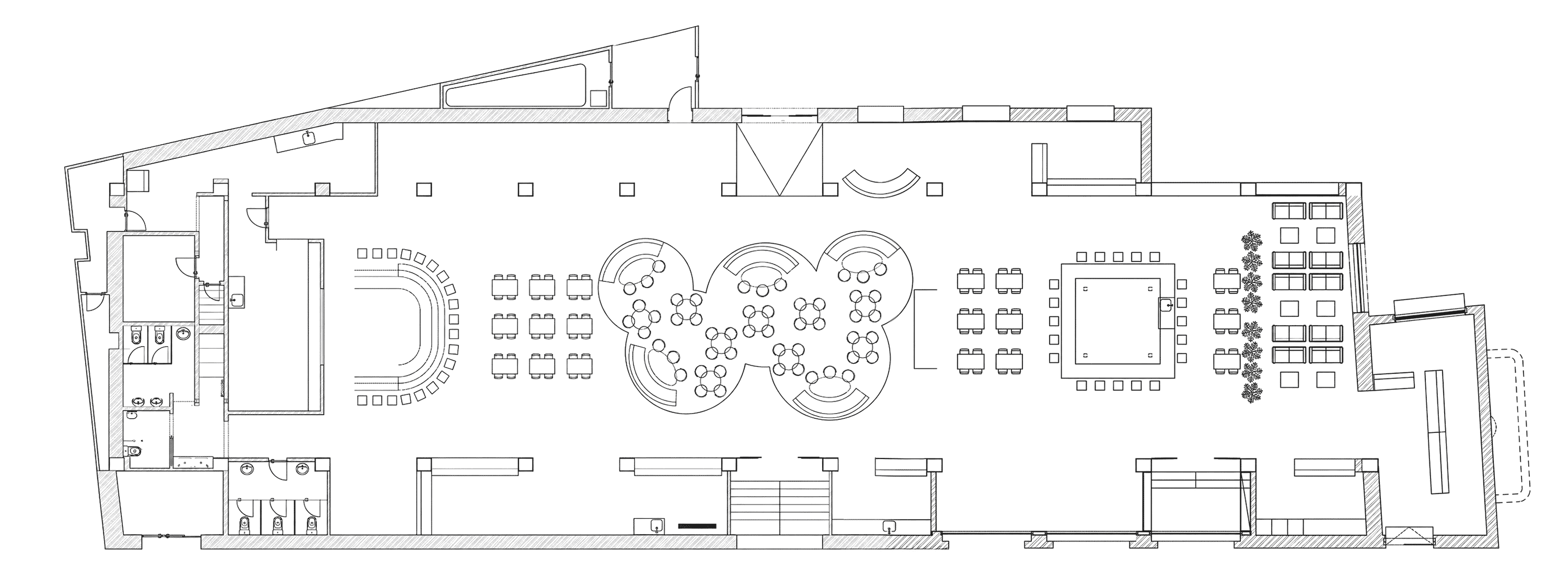 Plano de Mercado Santa Ana con la distribución de los siete conceptos gastronómicos