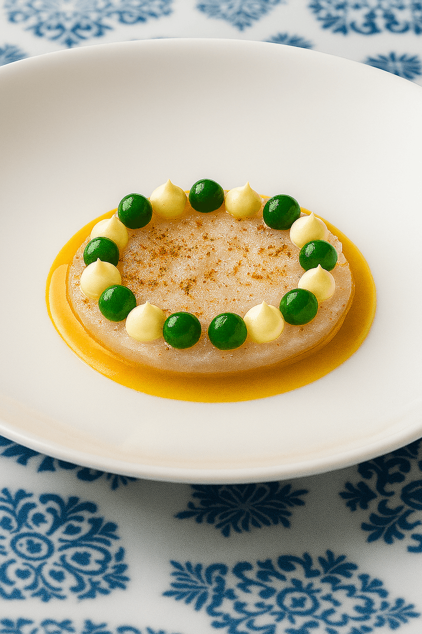 Plato de autor con perlas verdes y salsa de naranja