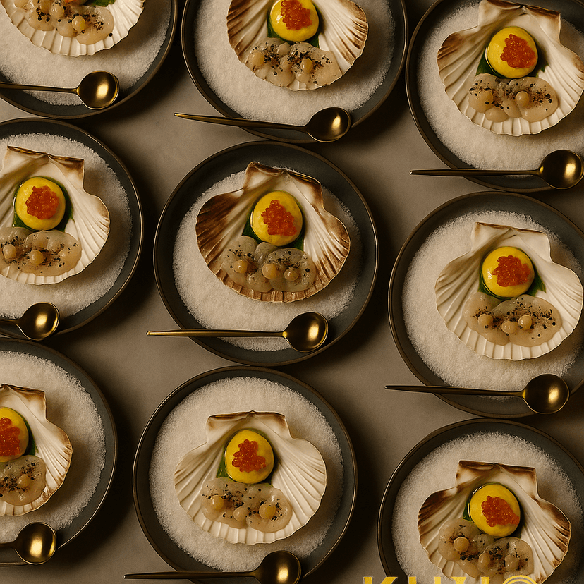 Vieiras en su concha sobre hielo con caviar