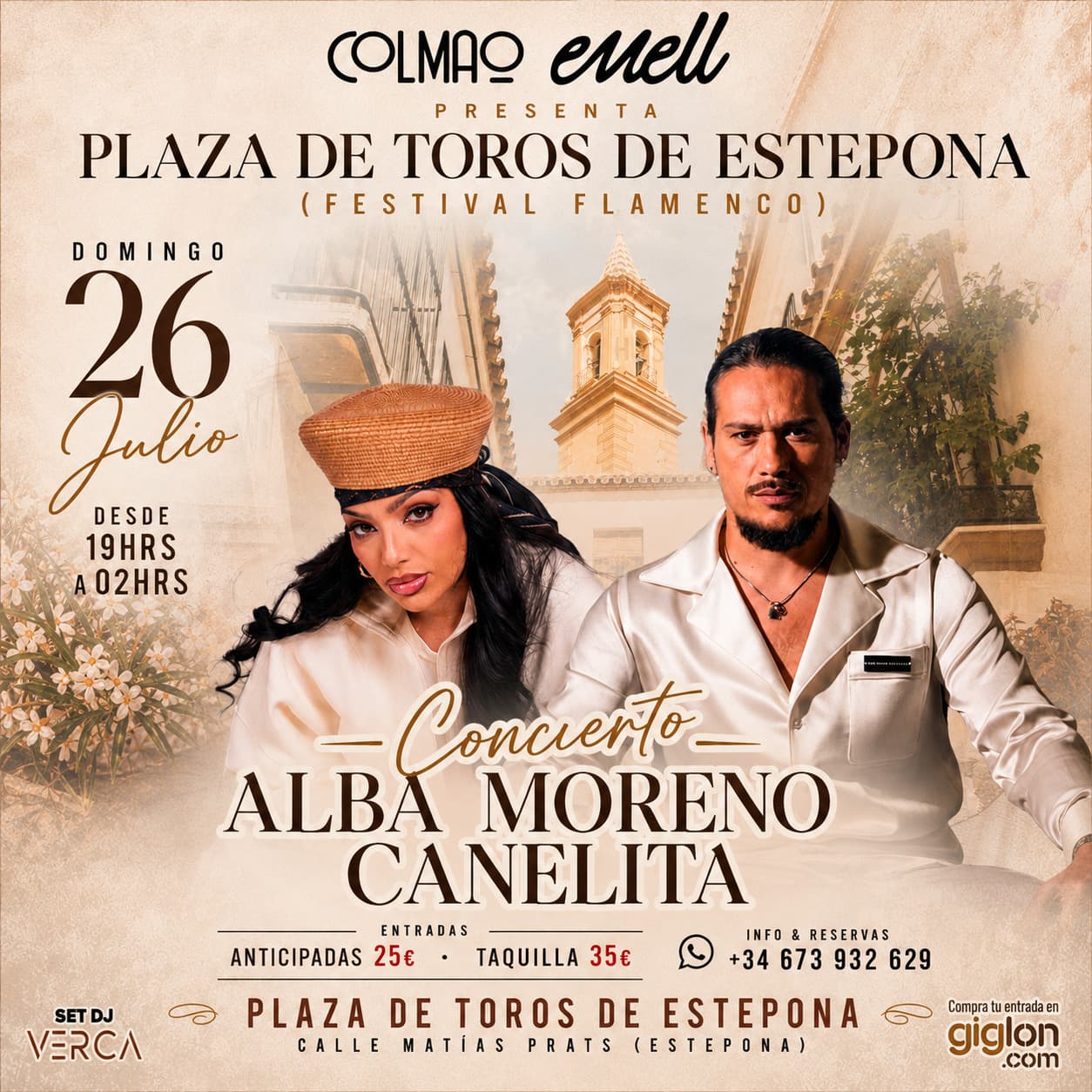 Cartel del concierto de flamenco con Alba Moreno y Canelita en la Plaza de Toros de Estepona, 26 de julio de 2026