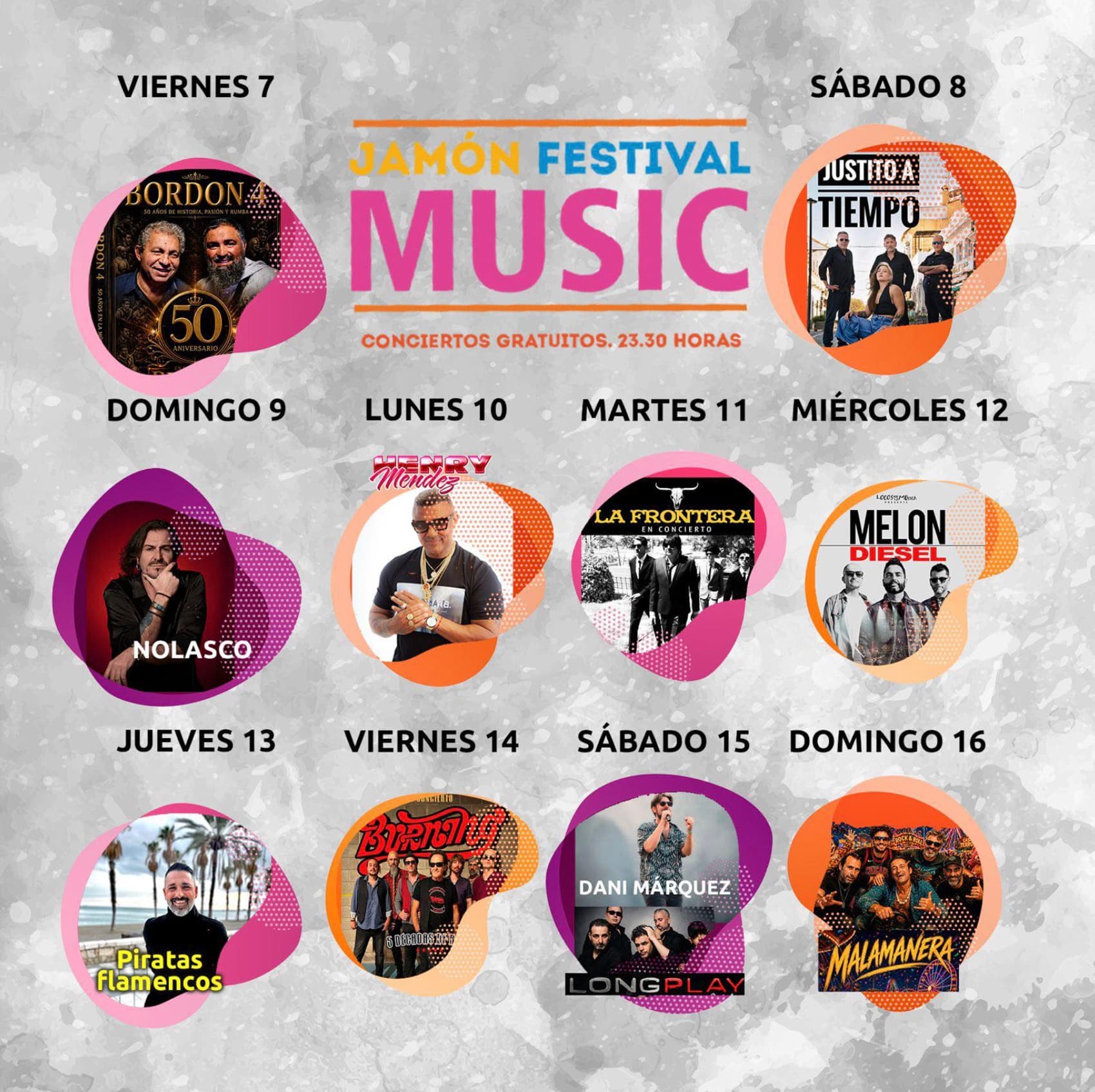 Cartel del Jamón Music Festival 2026 con los grupos que tocan cada noche en el Paseo Marítimo de Estepona