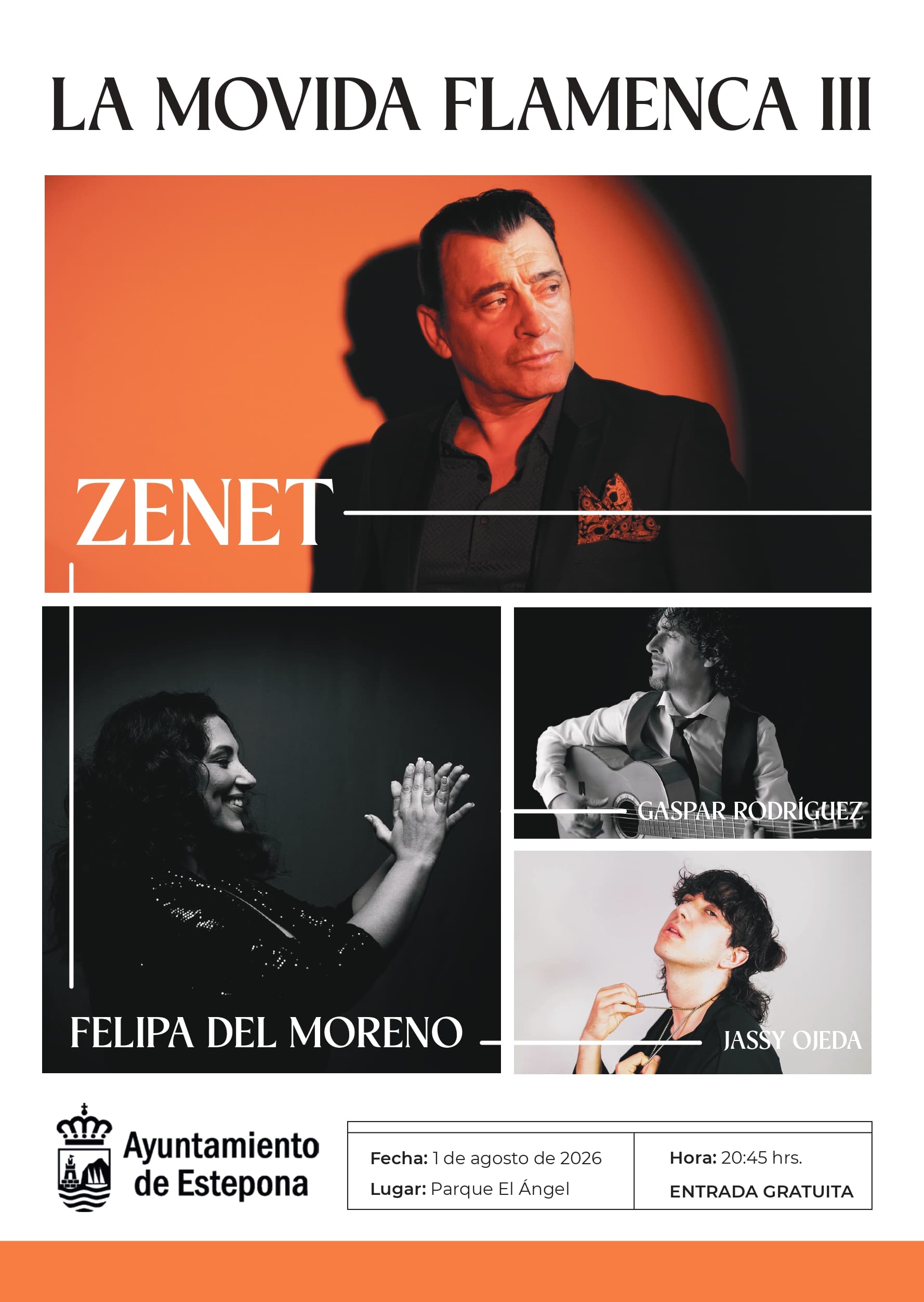 Cartel de La Movida Flamenca III en el Parque El Ángel de Estepona, con Zenet, Felipa del Moreno, Gaspar Rodríguez y Jassy Ojeda