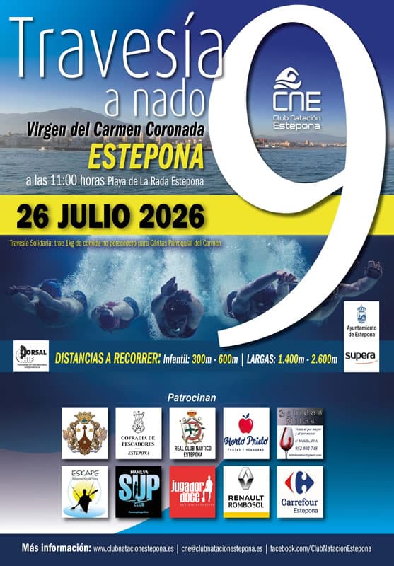 Cartel de la 9ª Travesía a Nado Virgen del Carmen Coronada en la Playa de La Rada, Estepona, 26 de julio de 2026