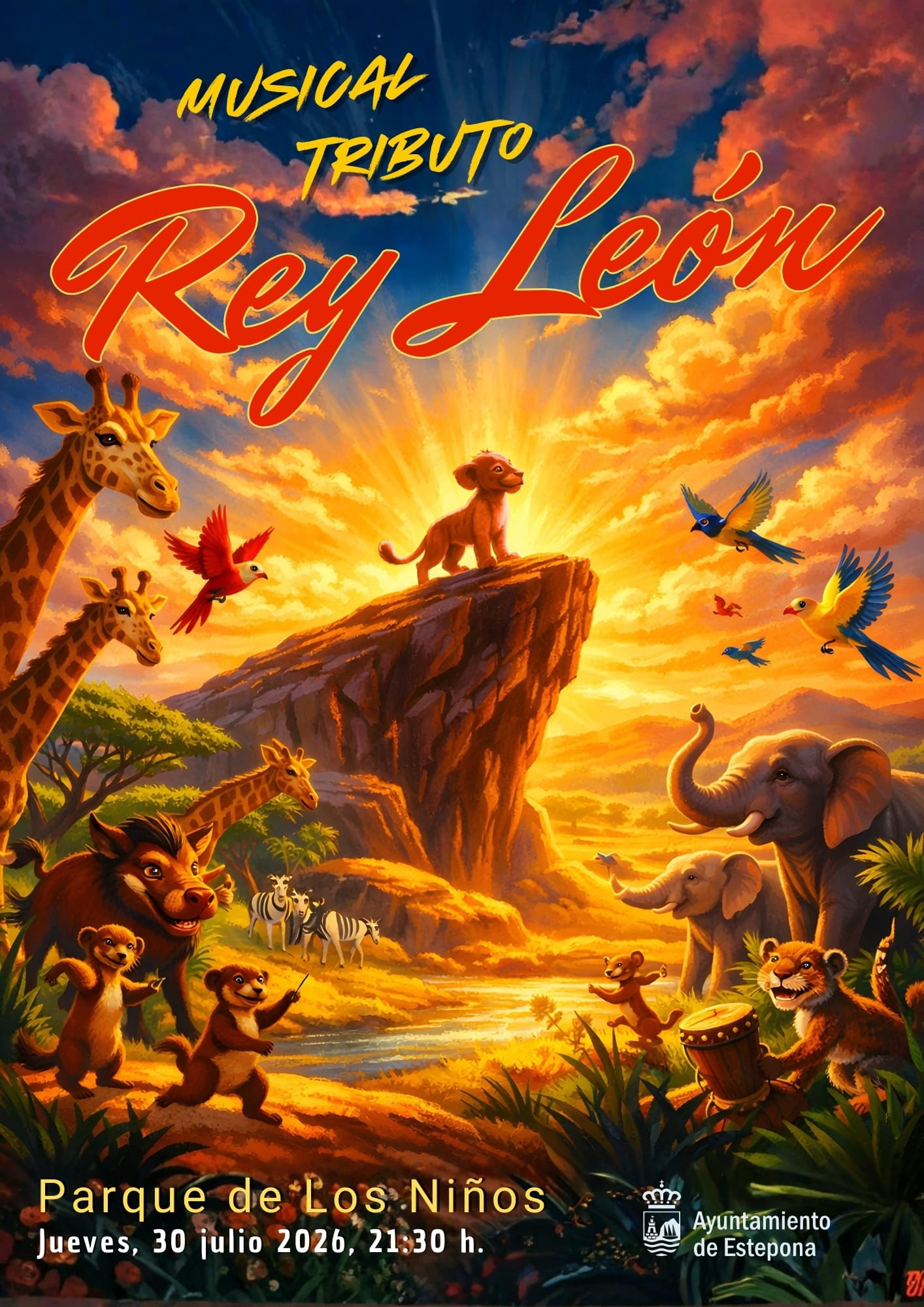 Cartel del musical tributo 'Rey León' en el Parque de Los Niños de Estepona, el jueves 30 de julio de 2026 a las 21:30 h