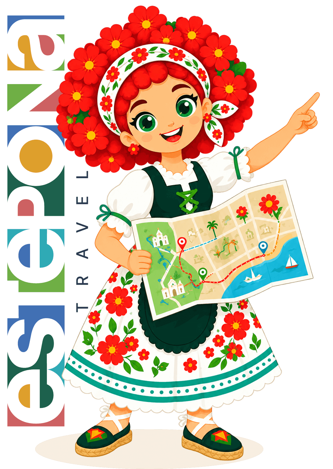 Una esteponera con traje de flores abre un plano de Estepona y señala hacia donde empiezan los planes.