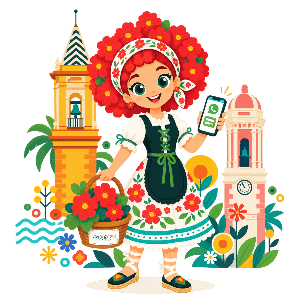 Ein Mädchen aus Estepona im Blumenkleid zeigt ein Handy mit geöffnetem WhatsApp, zwischen Glockenturm und Uhrturm der Altstadt.