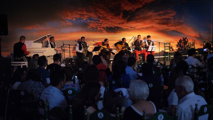 Banda completa actuando en directo sobre el escenario de Mi Caseta, Estepona, con público en primer plano