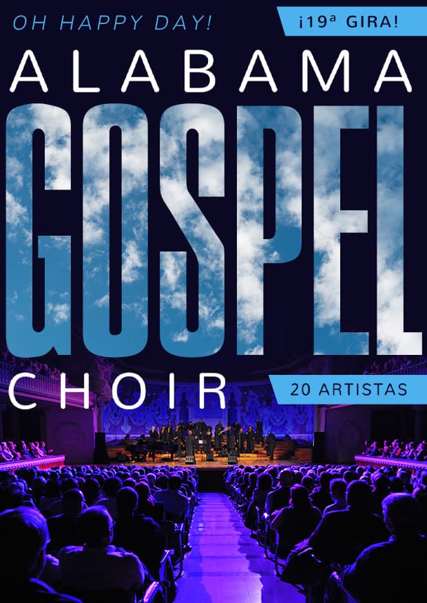 Cartel de 'Oh Happy Day', la gira número 19 del Alabama Gospel Choir, con los cantantes del coro vestidos de rojo