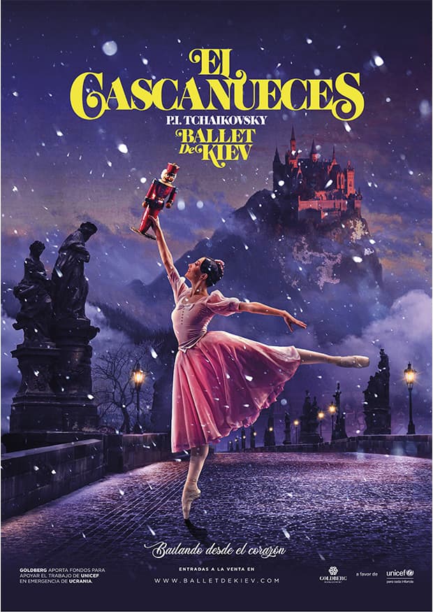 Cartel de El Cascanueces del Ballet de Kiev: una bailarina con vestido rosa sostiene el cascanueces sobre un puente nevado, con un castillo al fondo