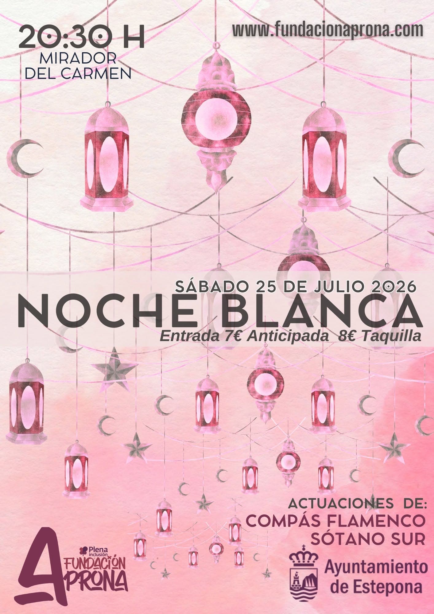 Cartel de la Noche Blanca de la Fundación APRONA en el Mirador del Carmen de Estepona