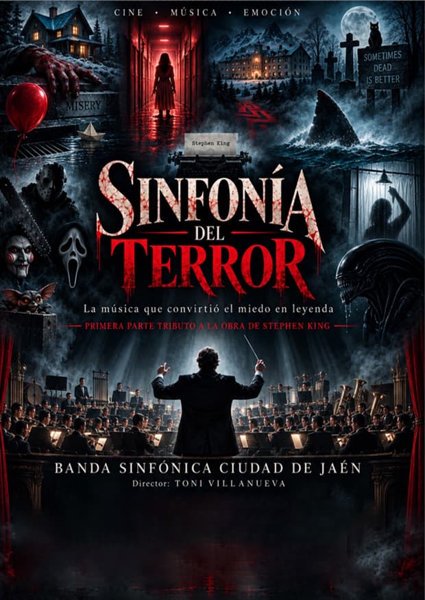 Cartel de Sinfonía del Terror: un director de orquesta ante la Banda Sinfónica Ciudad de Jaén, rodeado de escenas de películas de miedo y un tributo a Stephen King