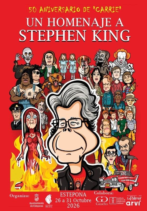 Plakat der Hommage an Stephen King zu 50 Jahren «Carrie»: Karikatur des Autors, umgeben von Figuren seiner Geschichten, 26. bis 31. Oktober in Estepona