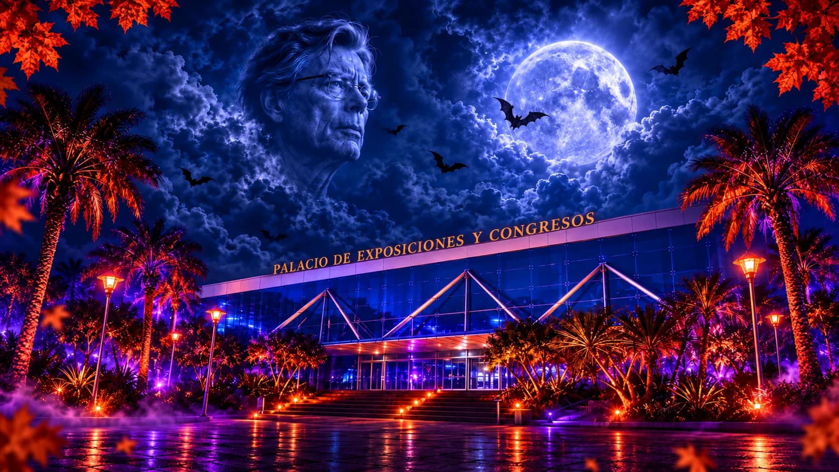 Der Palacio de Exposiciones y Congresos in Estepona bei Nacht, Palmen in Orange und Violett beleuchtet, Vollmond, Fledermäuse und Stephen Kings Gesicht in den Wolken