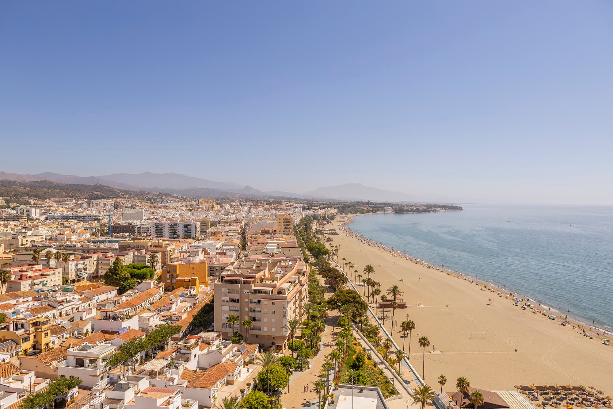 Aerial view of La Rada beach and seafront in Estepona, Costa del Sol.