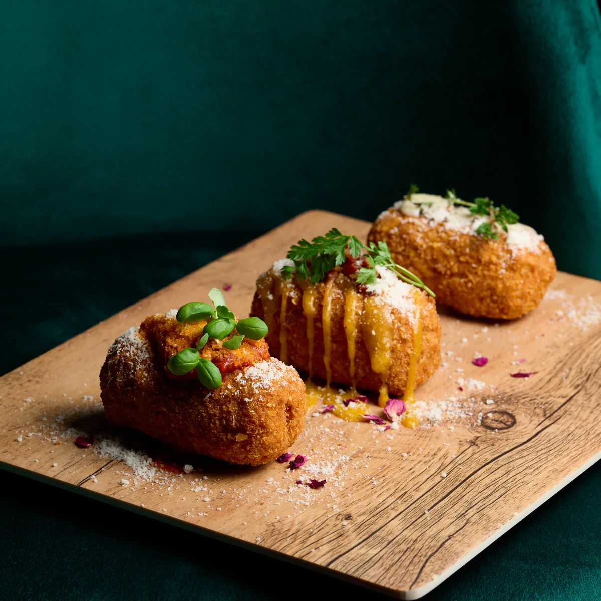 Croquetas romanas emplatadas con queso y hierbas