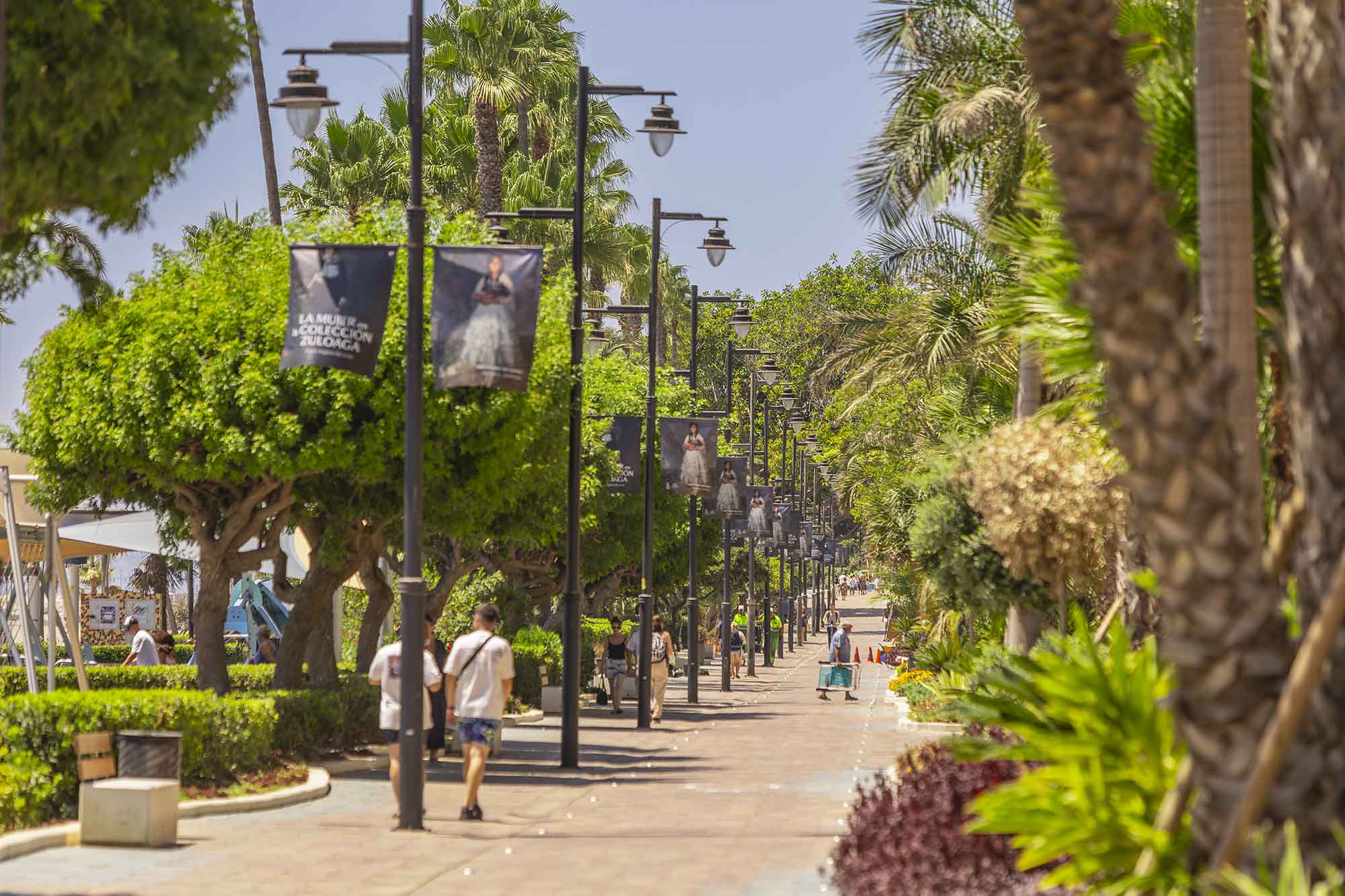 Bulevar de Estepona con farolas y pancartas de eventos culturales.
