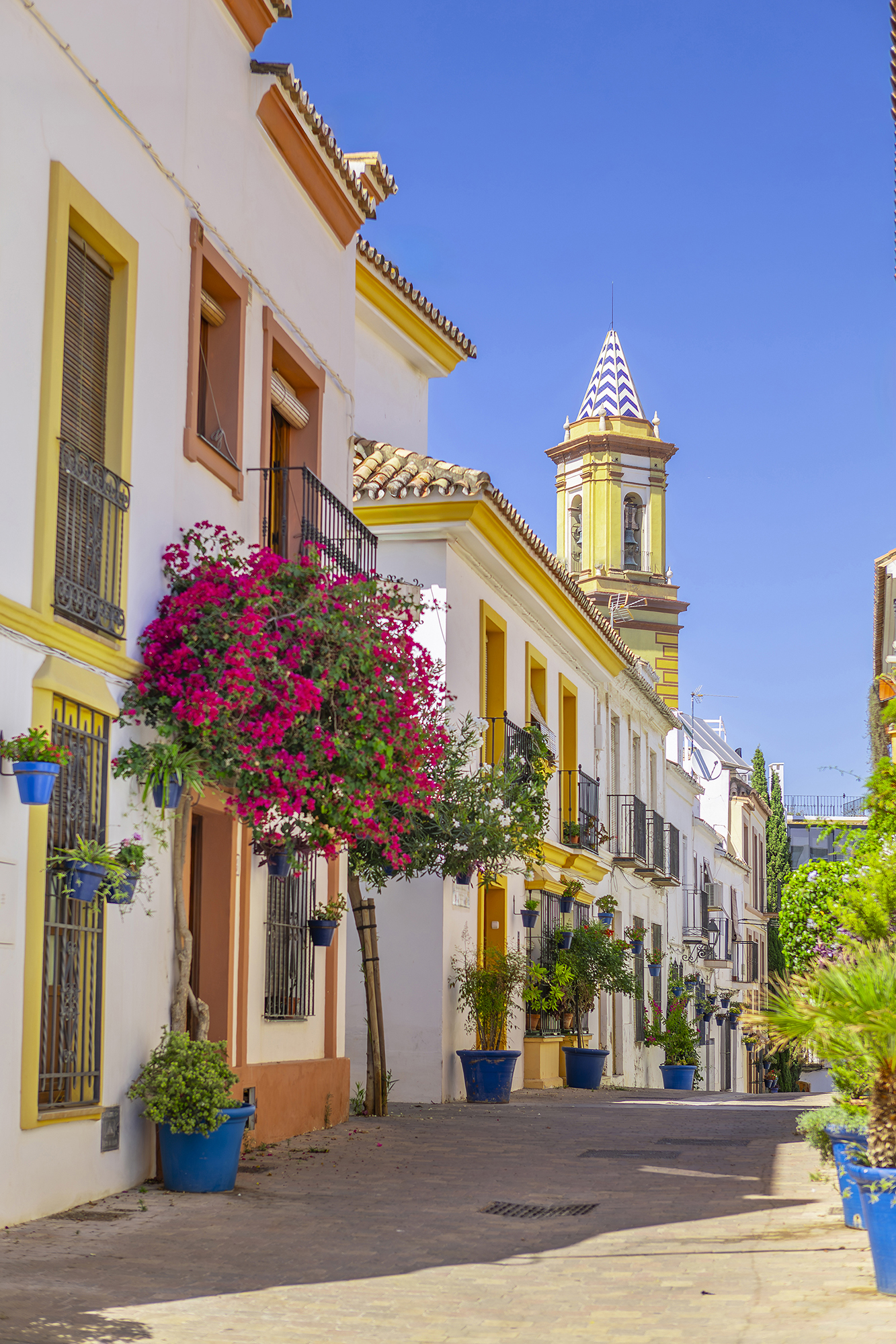 Calle con la torre de la Iglesia de los Remedios al fondo y buganvilla en primer plano, Estepona.